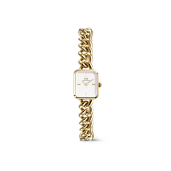 Gold women’s bracelet watch with chunky chain strap, square white dial, and minimalist gold hour markers.