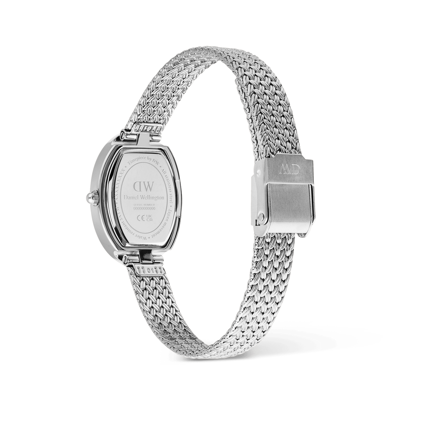 Rear view of the Juliette Braided Mesh White Sunray Silver watch, highlighting the engraved stainless steel case back, adjustable braided mesh strap, and secure fold-over clasp.