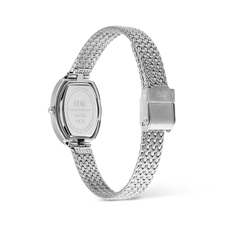 Rear view of the Juliette Braided Mesh White Sunray Silver watch, highlighting the engraved stainless steel case back, adjustable braided mesh strap, and secure fold-over clasp.
