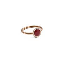 Audrey Ring in rose gold with domed red agate centre and halo of sparkling white cubic zirconia, elegant modern jewellery.