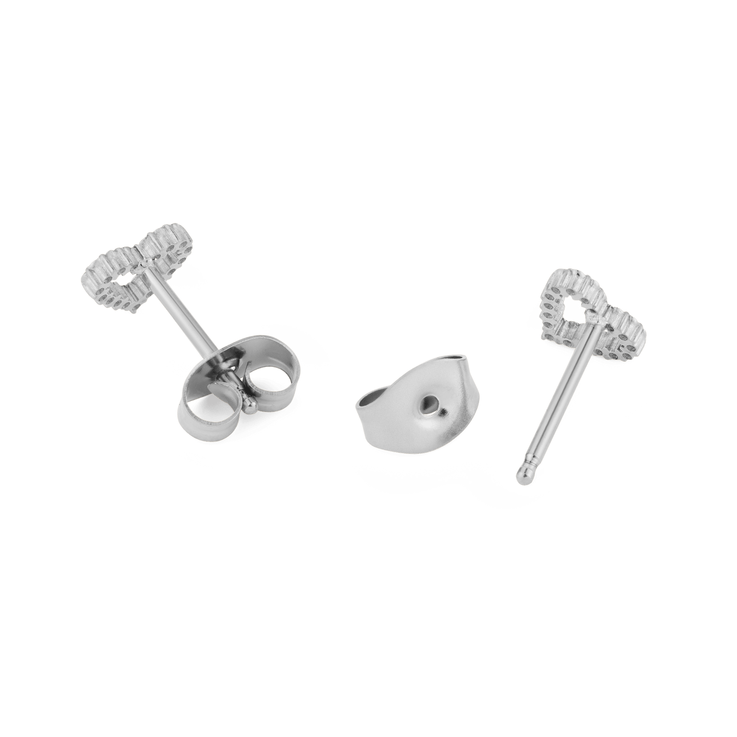 Mirelle Heart Earring Silver studs shown from the back, highlighting the secure butterfly backs and polished stainless steel posts for comfortable everyday wear.