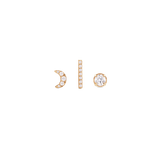 Set of three gold-plated earrings featuring a crescent moon, a vertical bar, and a round crystal stud, each adorned with sparkling crystals and designed for versatile, layered styling.