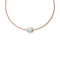 Rose gold snake chain necklace featuring an amazonite crystal orb charm with a soft blue-green stone and sparkling white crystal accents, offering a refined and modern jewellery statement.
