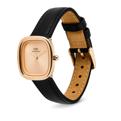 Margot Sheffield Unitone Sunray Rose Gold watch featuring a square rose gold case, minimalist sunray dial, and an adjustable slim black leather strap with a pin buckle closure.