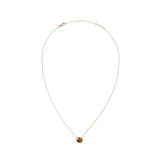 Rose gold necklace with domed Tiger Eye pendant, encircled by white crystals on a fine adjustable chain.