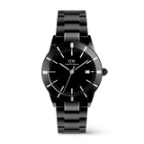 Daniel Wellington Iconic Paradigma Link Black men’s watch featuring a minimalist black dial, printed index markings, and a polished and brushed stainless steel 3-link bracelet with a satin matte aluminium bezel inlay.
