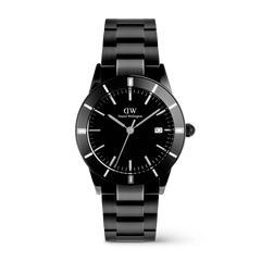 Daniel Wellington Iconic Paradigma Link Black men’s watch featuring a minimalist black dial, printed index markings, and a polished and brushed stainless steel 3-link bracelet with a satin matte aluminium bezel inlay.