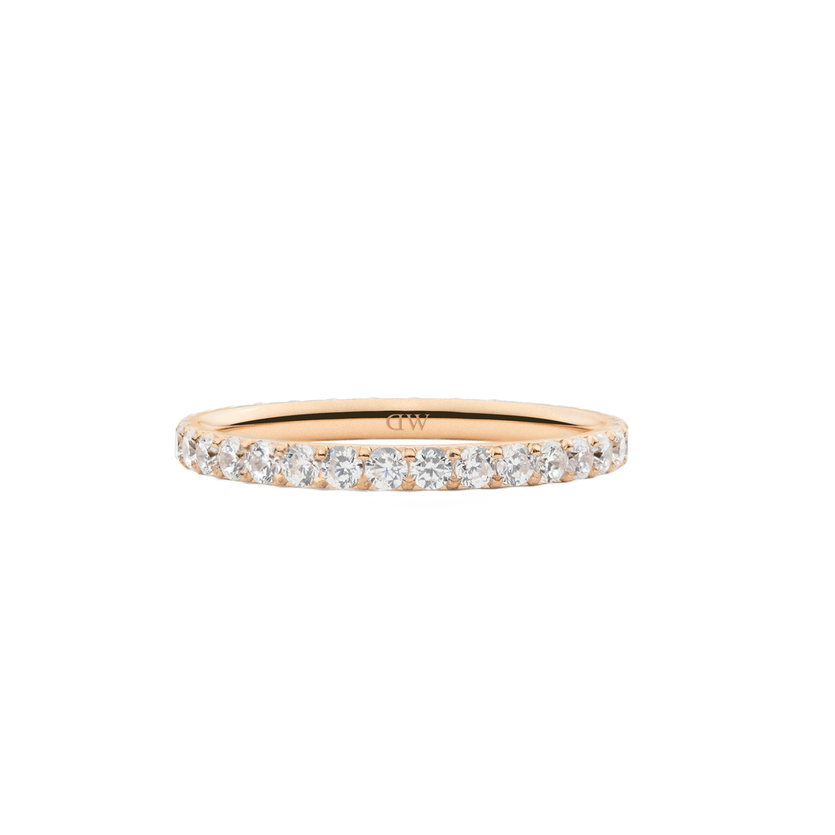 Mirelle Eternity Ring Rose Gold 2mm featuring a slim rose gold band set with a continuous row of sparkling white cubic zirconia crystals for a refined, elegant finish.