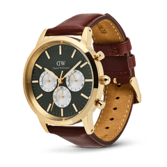 Daniel Wellington Iconic Chronograph St Mawes Emerald Panda Gold watch featuring an emerald green dial with white sub-dials, gold stainless steel case, and a genuine brown leather strap.
