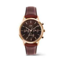 Men’s chronograph watch with a rose gold case, amber sunray dial featuring three sub-dials, and a brown Napa leather strap, showcasing a refined and timeless design.