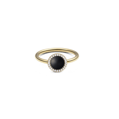 Gold ring with round black agate centre, haloed by white cubic zirconia, elegant slim band, timeless jewellery style.