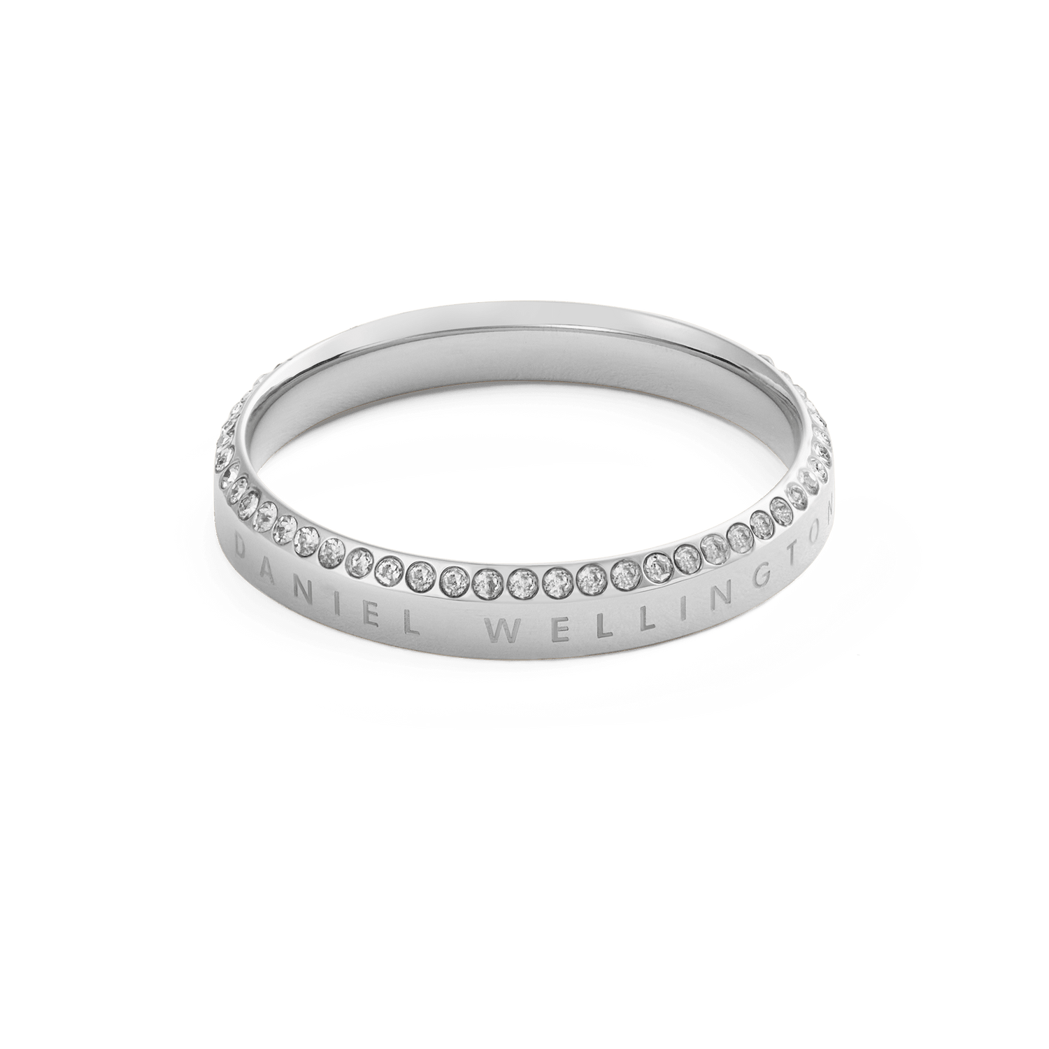 Classic Aura Ring Silver featuring a slim, polished stainless steel band with a row of sparkling white cubic zirconia crystals and subtle Daniel Wellington engraving along the edge.
