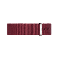 Roselyn Strap Silver features deep ruby red woven polyester with polished silver buckle, ideal for Daniel Wellington watches.