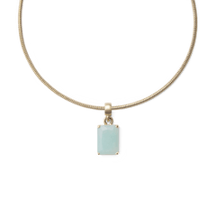 Gold necklace featuring an octagon-cut amazonite charm with a soft blue-green hue, set in a polished gold-tone frame for a refined, minimal look.