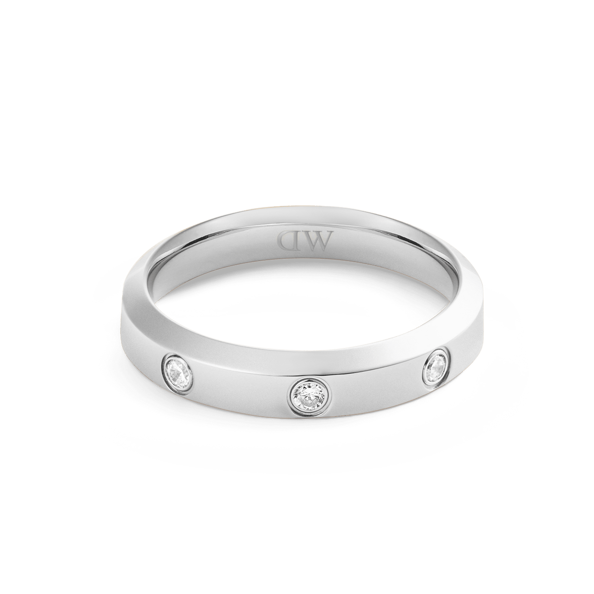Classic Lumine Ring Silver 4 mm featuring a slim, polished stainless steel band with eight cubic zirconia crystals evenly set for a subtle, elegant sparkle.