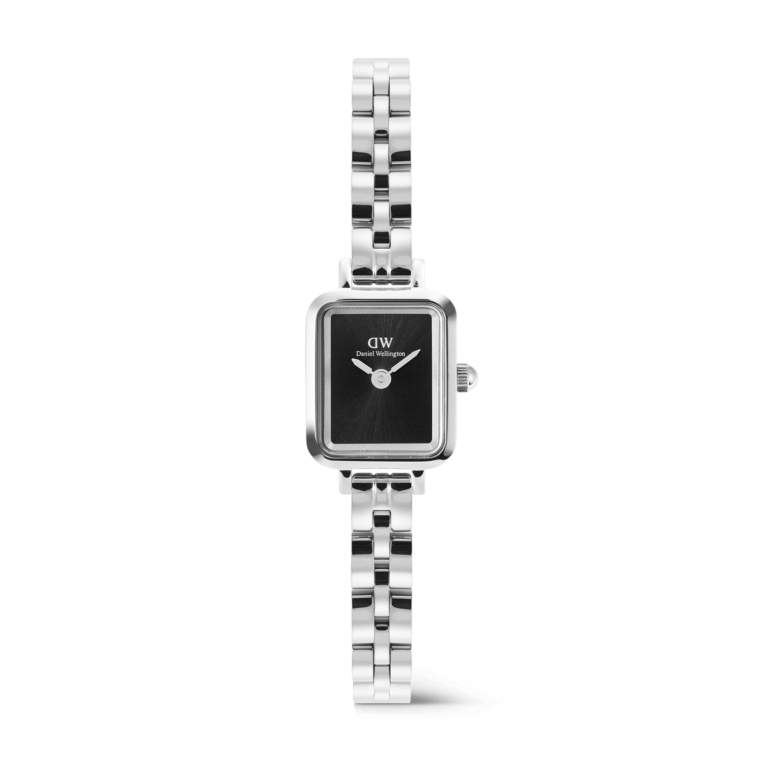 Quadro Mini Arch 3-link Onyx Sunray Silver women’s watch featuring a petite rectangular stainless steel case, minimalist black sunray dial, and a polished three-link silver bracelet.