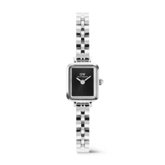 Quadro Mini Arch 3-link Onyx Sunray Silver women’s watch featuring a petite rectangular stainless steel case, minimalist black sunray dial, and a polished three-link silver bracelet.