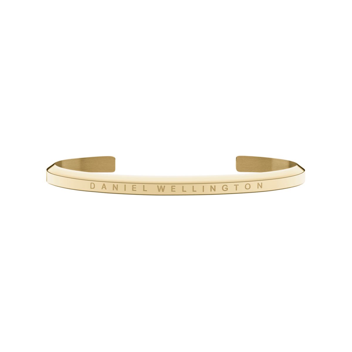 Minimalist gold open cuff bracelet by Daniel Wellington with a slim profile and subtle engraved branding.
