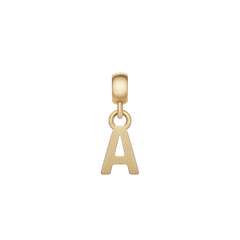 Gold letter A charm with a polished finish, featuring a petite, minimalist design and an adjustable clasp, ideal for personalising bracelets or necklaces.