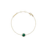 Gold chain bracelet with a round green malachite centre, framed by white cubic zirconia, adjustable fit.