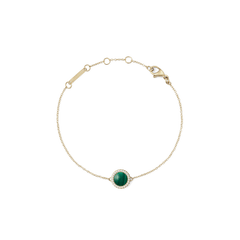 Gold chain bracelet with a round green malachite centre, framed by white cubic zirconia, adjustable fit.