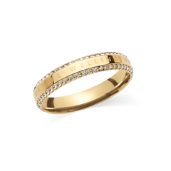 Gold Daniel Wellington ring crafted from stainless steel with a polished finish, featuring two rows of white cubic zirconia crystals along the edges and subtle engraved branding. The elegant design combines classic style with contemporary sparkle, ideal for both everyday wear and special occasions.