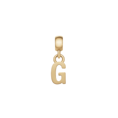 Gold letter G charm with a smooth, polished finish and petite profile, featuring an adjustable clasp for effortless personalisation of necklaces or bracelets.