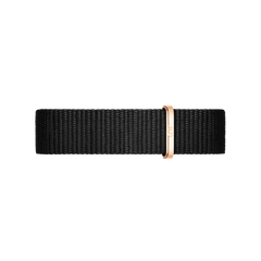 Cornwall Strap Rose Gold features a woven black polyester NATO watch strap with a polished rose gold loop, offering a modern and elegant accent for Daniel Wellington timepieces.