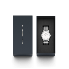 Daniel Wellington Iconic NATO Grey/Black watch with a silver case and grey recycled nylon strap, elegantly presented in a branded gift box.