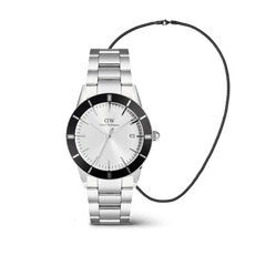 Daniel Wellington Iconic Paradigma & Tide Mesh Necklace Black Set featuring a silver stainless steel watch with a black bezel and minimalist dial, paired with a slim black mesh necklace for a modern, coordinated look.