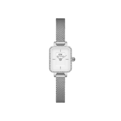 Petite silver women’s watch with rectangular crystal-set bezel, white dial, and fine mesh stainless steel strap.