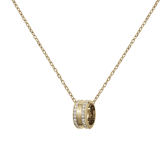 Gold necklace featuring a delicate cable chain and a ring-shaped pendant set with sparkling crystals and engraved detailing, showcasing a refined and elegant design.