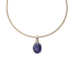 Gold snake chain necklace featuring the Blue Spot Oval Gold Charm with a deep blue, oval-shaped semi-precious stone set in a polished gold-plated frame.