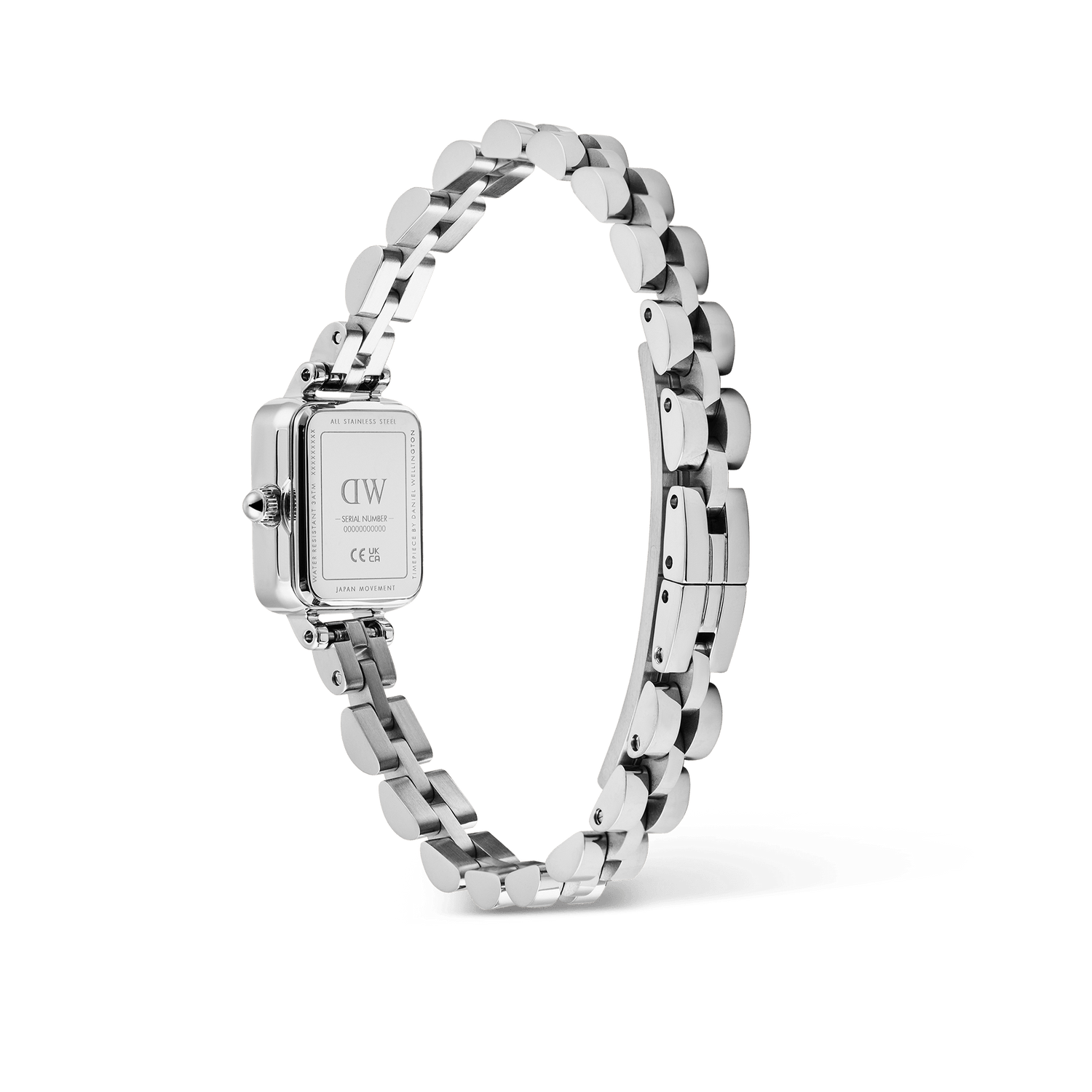 Rear view of the Quadro Mini Arch 3-link White Sunray Silver watch, displaying the engraved stainless steel case back and the polished arched 3-link bracelet with butterfly clasp.