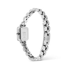 Rear view of the Quadro Mini Arch 3-link White Sunray Silver watch, displaying the engraved stainless steel case back and the polished arched 3-link bracelet with butterfly clasp.