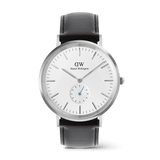 Classic men’s watch with a silver case, off-white sunray dial featuring a subtle triangular pattern, blue-tinted sub-second hand, and a black leather strap. The minimalist design highlights refined details, making it suitable for both casual and formal wear.