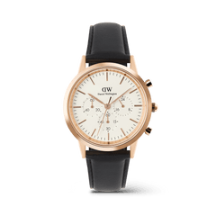 Daniel Wellington Iconic Chronograph Sheffield RG men’s watch with a white minimalist dial, rose gold case, three sub-dials, and a black leather strap.
