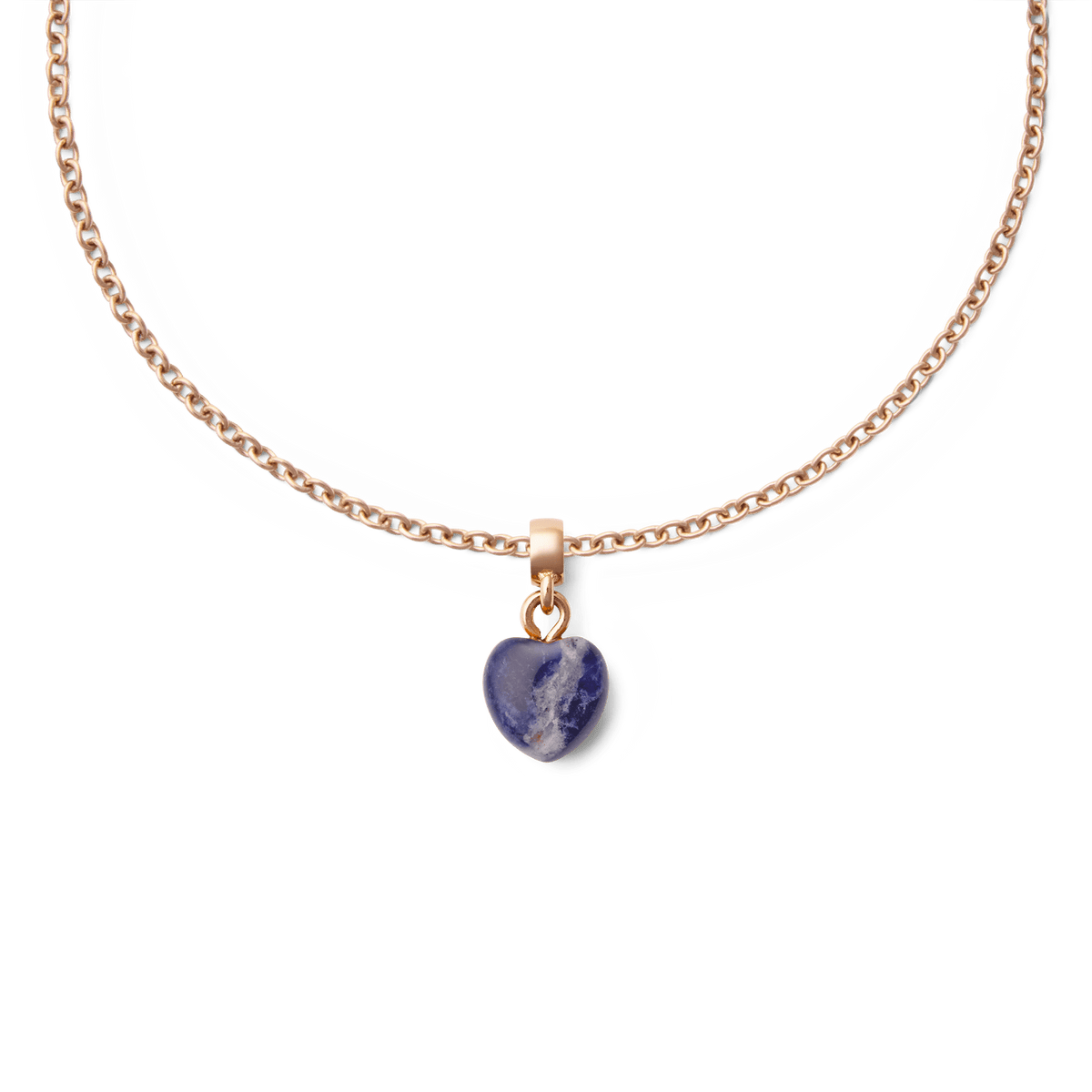 Rose gold chain necklace featuring a heart-shaped blue spot stone charm with natural veining, offering a refined and elegant jewellery accent.