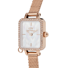 Close-up of the Quadro Mini Crystal Zodiac Melrose Set, showing the rose gold rectangular case with crystal detailing, a white mother of pearl dial, and a refined rose gold mesh strap.