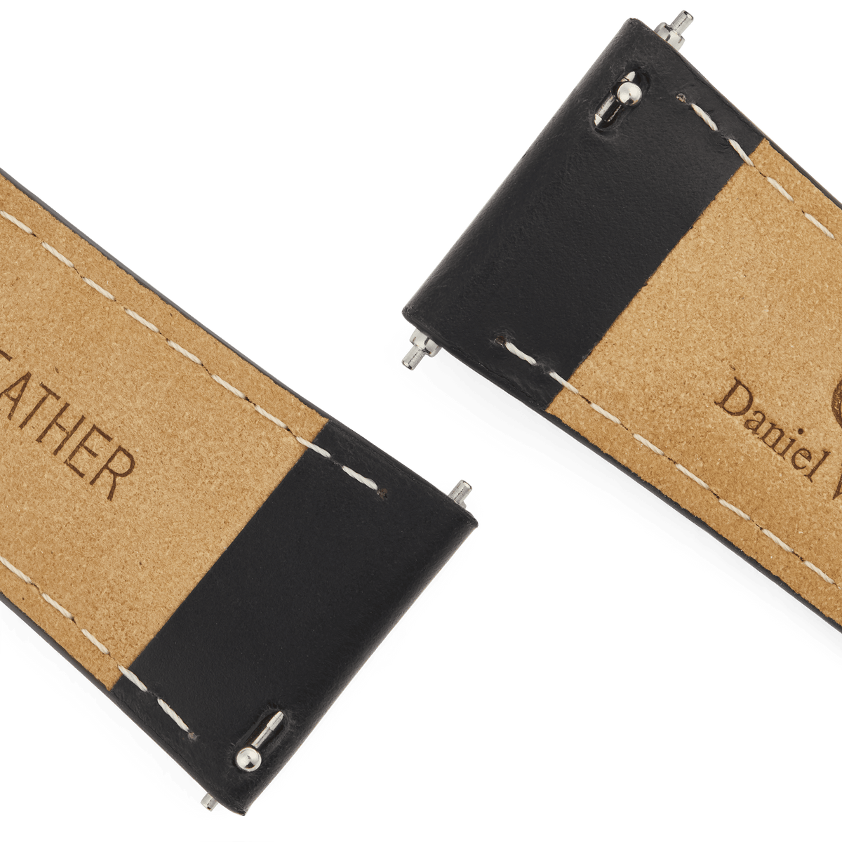 Close-up of the underside of the Tapered Sheffield Strap Gold, showing genuine leather backing, white stitching, and quick-release spring bars for easy attachment to your watch.