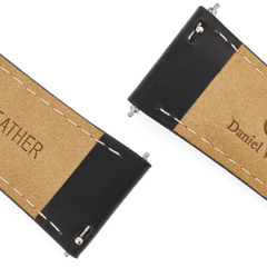Close-up of the underside of the Tapered Sheffield Strap Gold, showing genuine leather backing, white stitching, and quick-release spring bars for easy attachment to your watch.