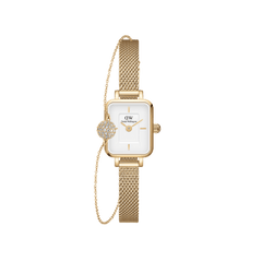 Quadro Mini & Pavé Crystal Gold Set featuring a petite rectangular gold watch with a white dial and fine mesh strap, paired with a delicate gold bracelet adorned with a pavé crystal charm.