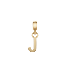 Gold letter J charm with a polished finish, featuring a petite, minimalist design and an adjustable clasp for easy attachment to bracelets or necklaces.