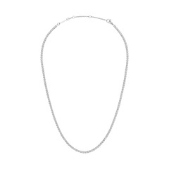 Silver tennis necklace with individually set crystals, adjustable length and secure clasp, elegant and timeless jewellery piece.