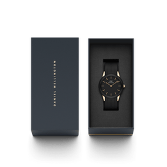 Daniel Wellington Iconic Motion Rose Gold women’s watch with black dial in luxury gift box, perfect for special occasions.