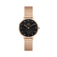 Petite Lumine Pressed Piano Black MoP Rose Gold watch featuring a black mother-of-pearl dial with crystal hour markers and a rose gold pressed mesh bracelet.
