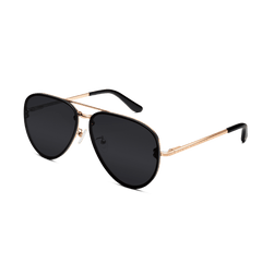 Rose gold aviator sunglasses with slim stainless steel frames, deep black lenses, and black acetate temple tips.
