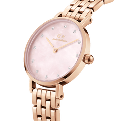 Petite Lumine 5 Link Melrose watch in rose gold, featuring a pink mother of pearl dial with crystal hour markers and a polished five-link bracelet.
