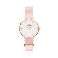 Petite Rosewater Rose Gold women’s watch with an eggshell white dial, slim rose gold markers, and a soft pink NATO strap.