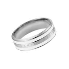 Polished silver ring with a satin white enamel inlay and the Daniel Wellington logo engraved around the band.